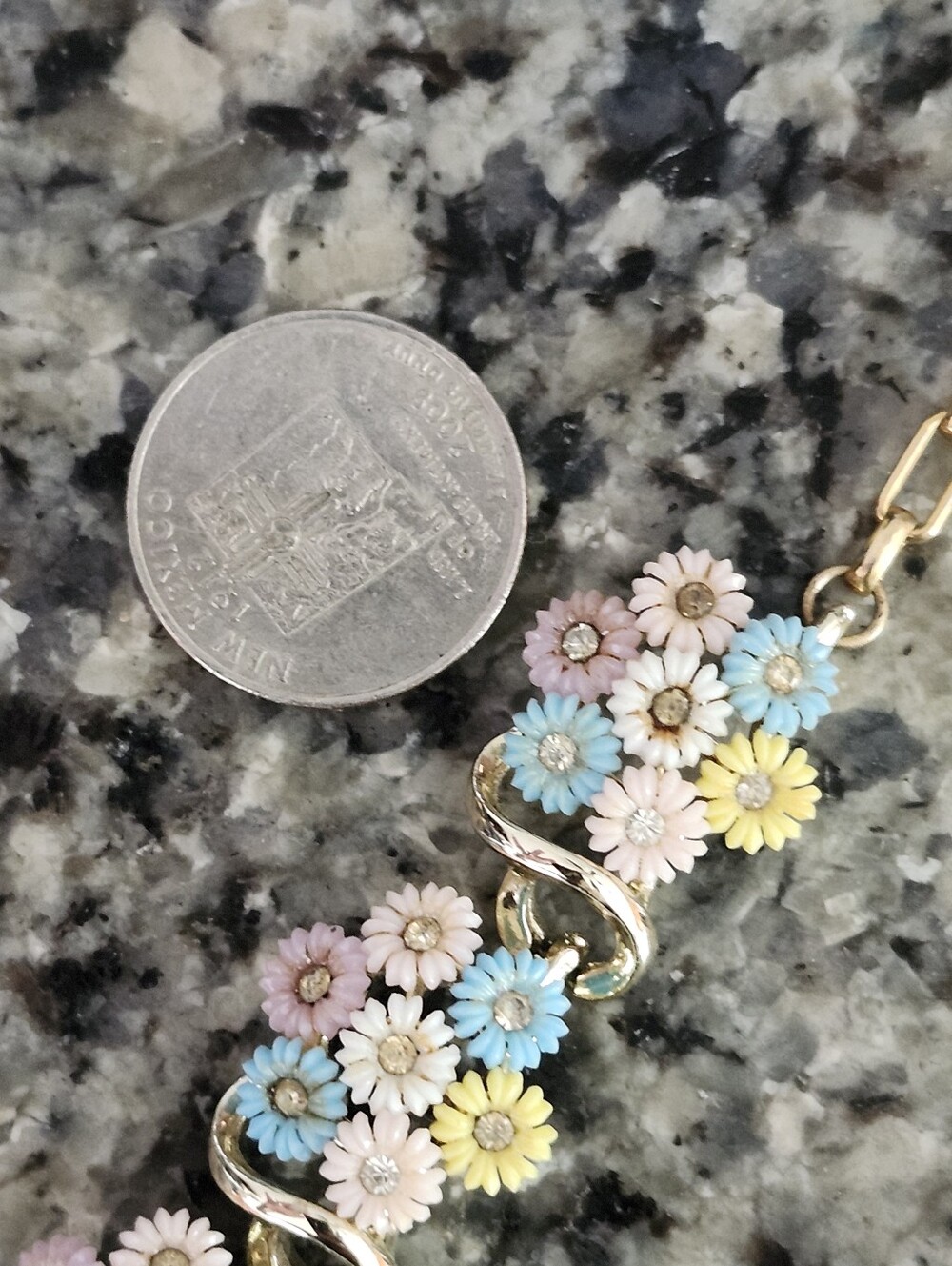 Vtg Pastel Floral Gold-Tone Necklace - Pink, Blue & Yellow - Picture 16 of 16